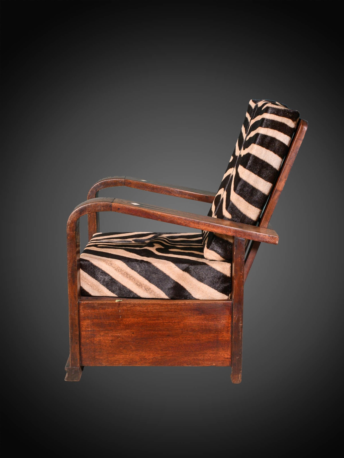 Pair of Midcentury Wooden Lounge Chairs with folding back and real zebra skin cushions, 20th Century