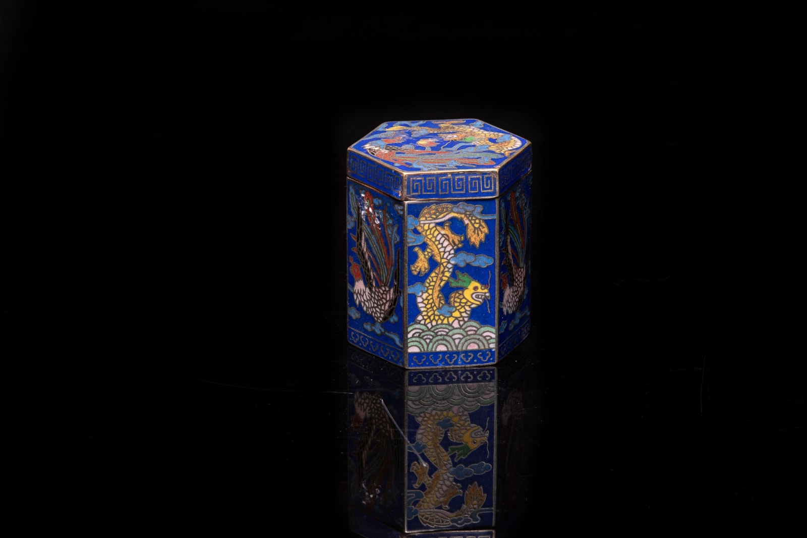 Antique Hexagonal Chinese Opium Boxes in Cloisonné Enamal , decorated with a Dragon and a Phoenix. The Rectangular Box is decorated with Vases and Flowers., 19th Century