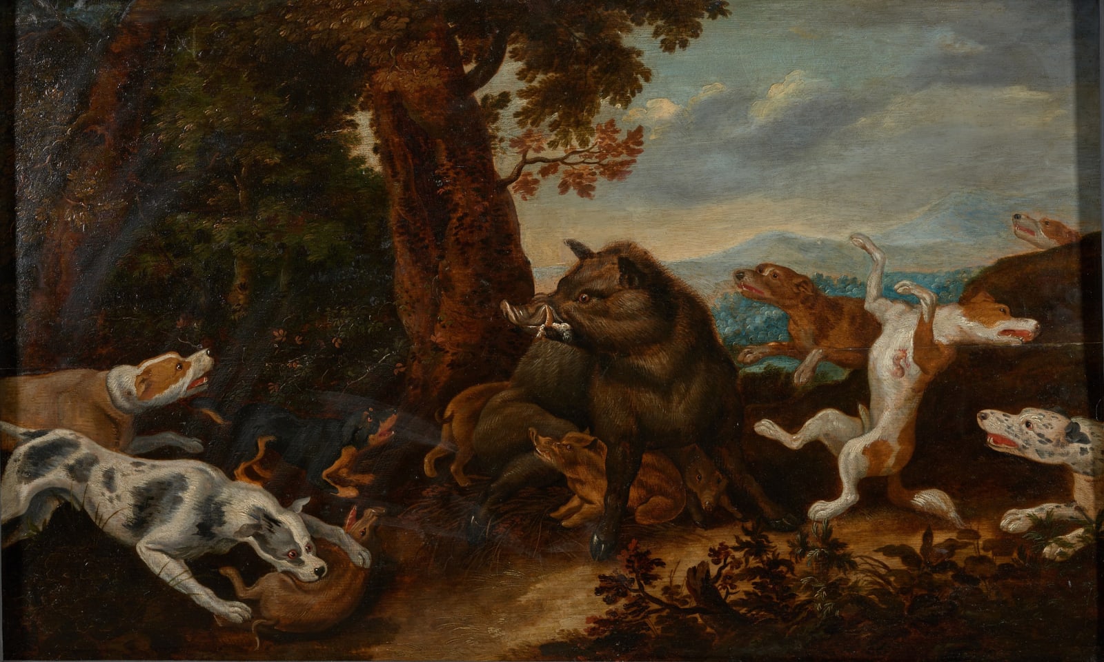 17th C Wild Boar Hunt, Attr. to Jan van Kessel (Antwerp,1626 -Antwerp,1679) on Panel marked by Guilliam Gabron (1609-1662), Antwerp, Oil on Oak, 17th C