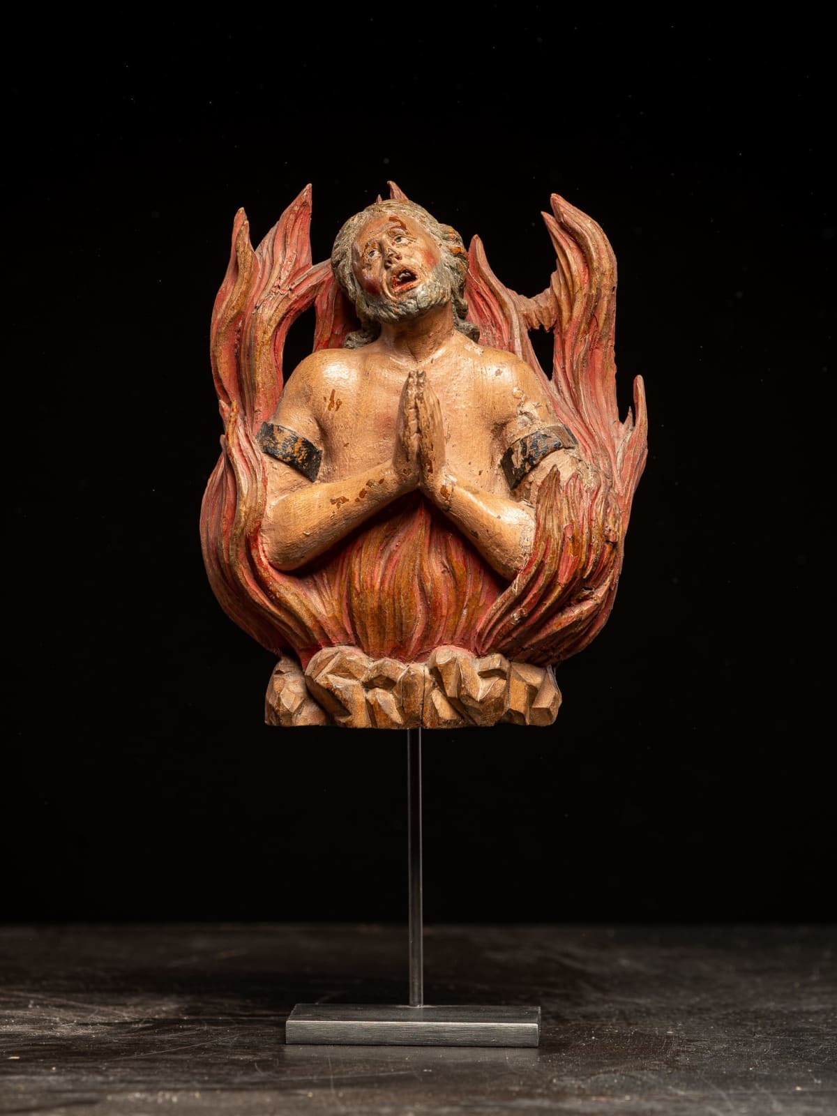 Pair of carved oak Souls in Purgatory, male and female, 17th C, Southern Europe, 17th C