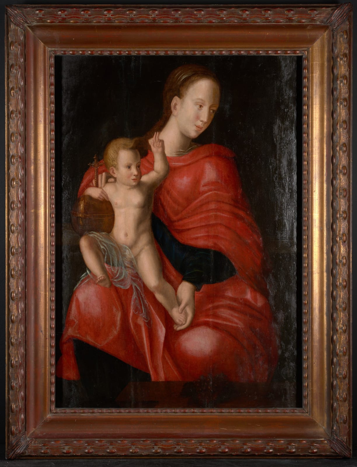 Madonna in red with Child, Manner of Joos van Cleve, late 16th C or early 17th C, Oil on Panel, framed., 17th Century
