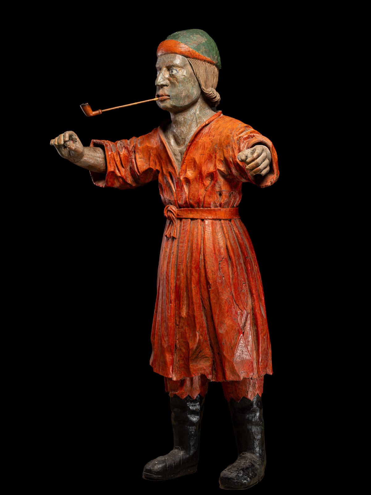 19th C Tobacco Shop Publicity Statue smoking a pipe -polychromed wood., 19th Century