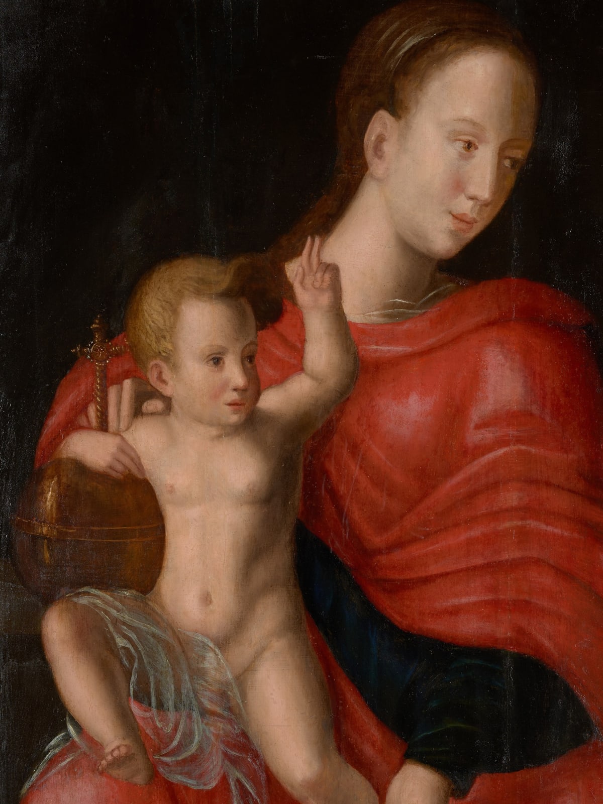 Madonna in red with Child, Manner of Joos van Cleve, late 16th C or early 17th C, Oil on Panel, framed., 17th Century