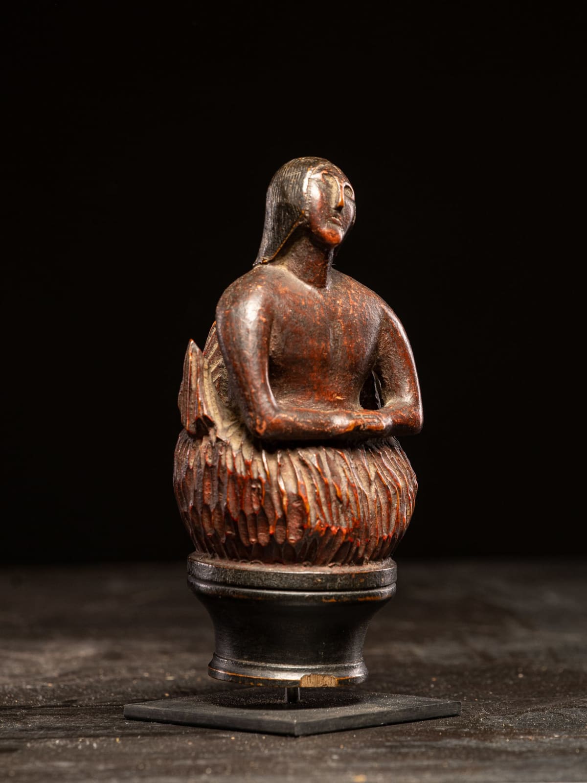 Wooden folk-art figure, depicting a stylized feminine soul burning in Purgatory., 19th C