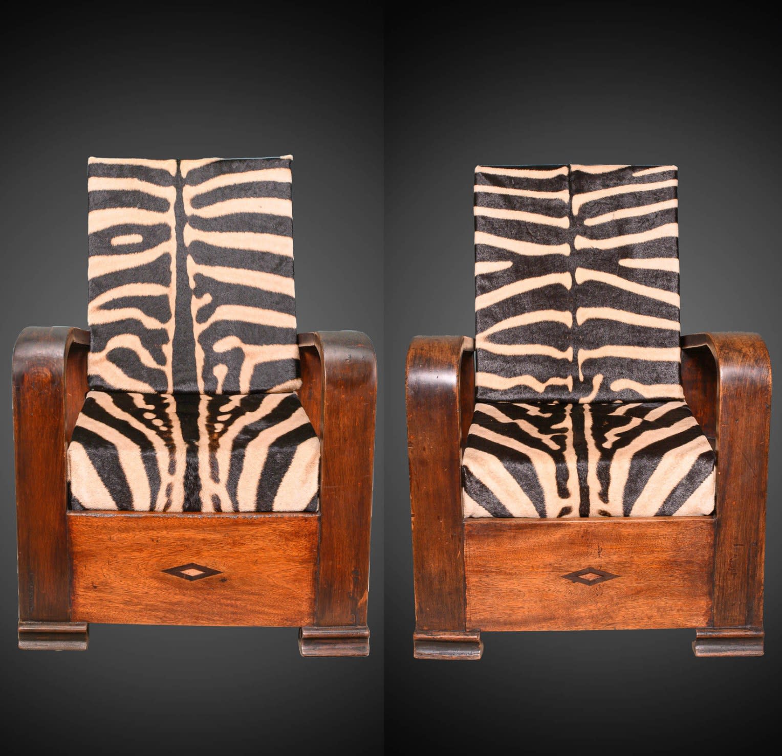 Pair of Midcentury Wooden Lounge Chairs with folding back and real zebra skin cushions, 20th Century