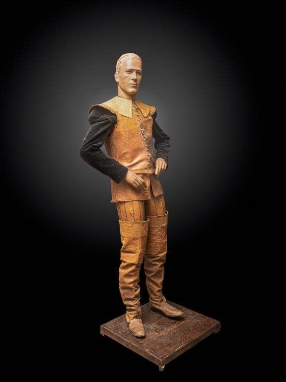Lifesize Vintage Wooden Mannequin featuring articulated arms and legs, a ceramic head and full Musketeer outfit, 20th Century