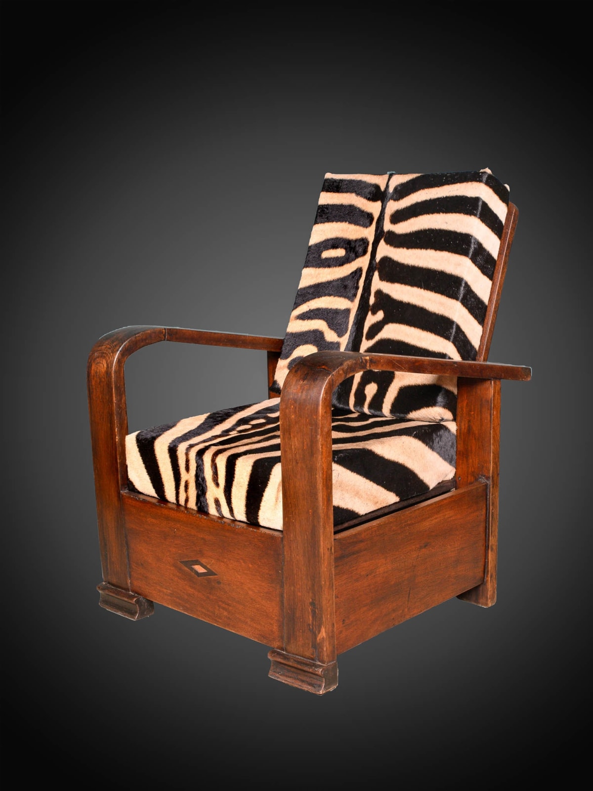 Pair of Midcentury Wooden Lounge Chairs with folding back and real zebra skin cushions, 20th Century