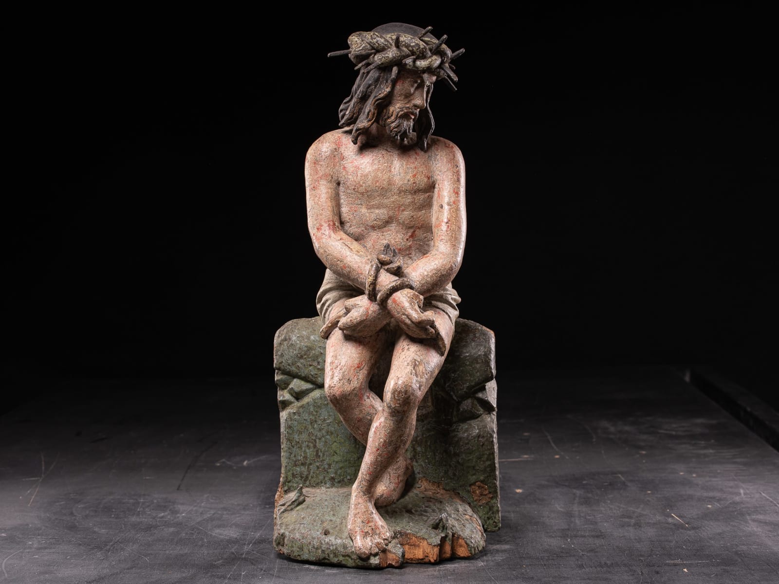 Late 16th C Polychromed wooden sculpture of Christ with the Crown of Thorns, 16th C
