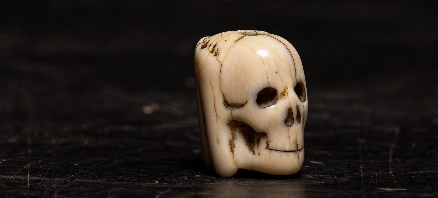 A Flemish Carved Ivory Janus faced Memento Mori Vanitas Paternoster Rosary Bead, Belgium, 17th Century