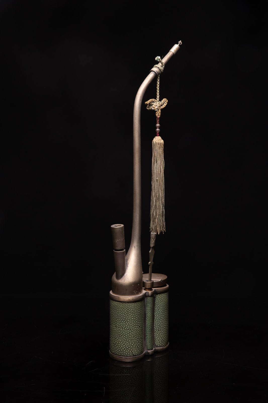 Chinese Metal Water Pipe, covered with Green Dyed Ray Skin and signed under the lid, 19th Century