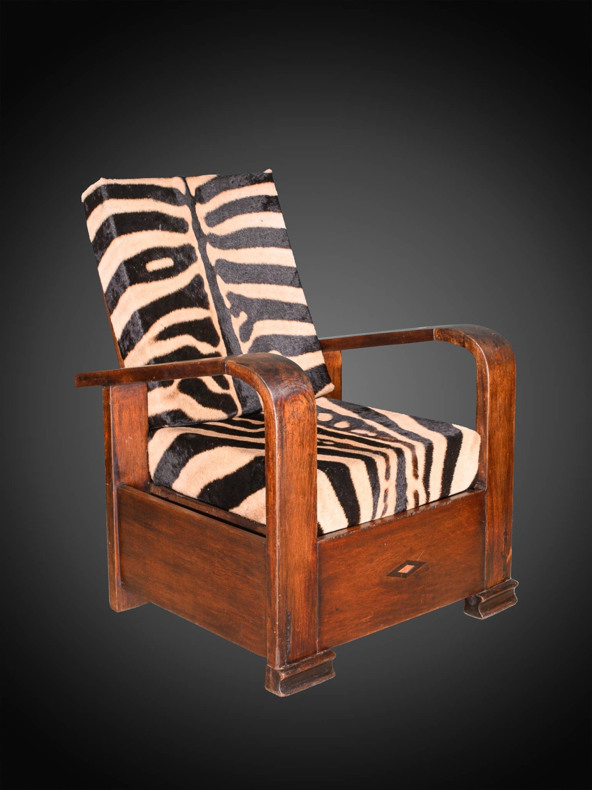 Pair of Midcentury Wooden Lounge Chairs with folding back and real zebra skin cushions, 20th Century