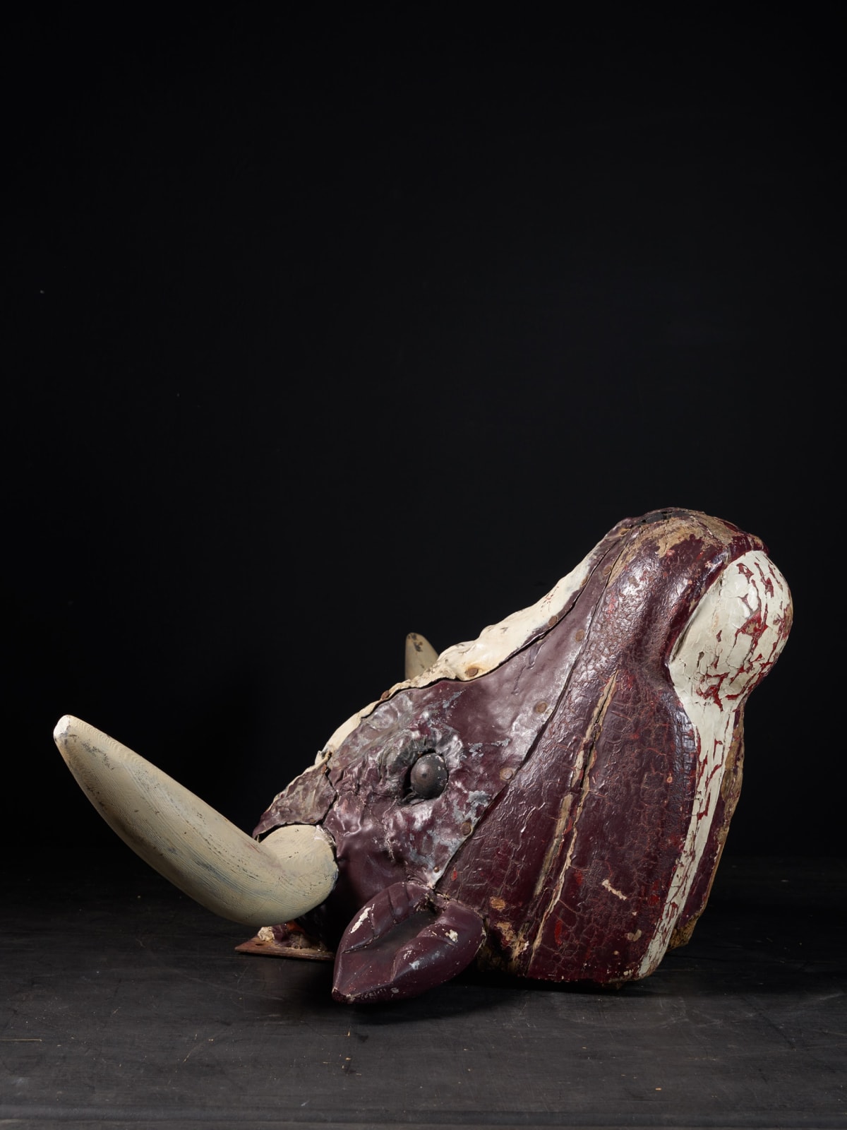 19 th C Butcher's Exterior Shop Sign of a wooden Steer Head covered with polychromed weathered lead, 1st half 19th Century