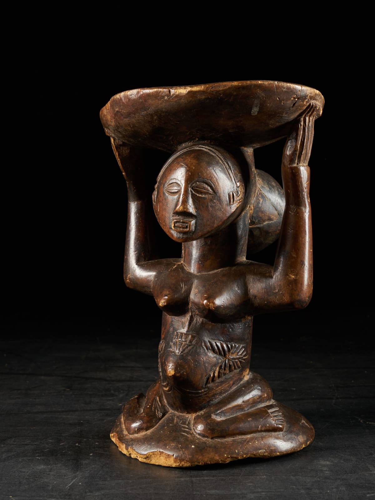 Luba Female Caryatide Stool,nice use patina,provenance Alain Guisson. Luba People,DRC,, first half 20th C