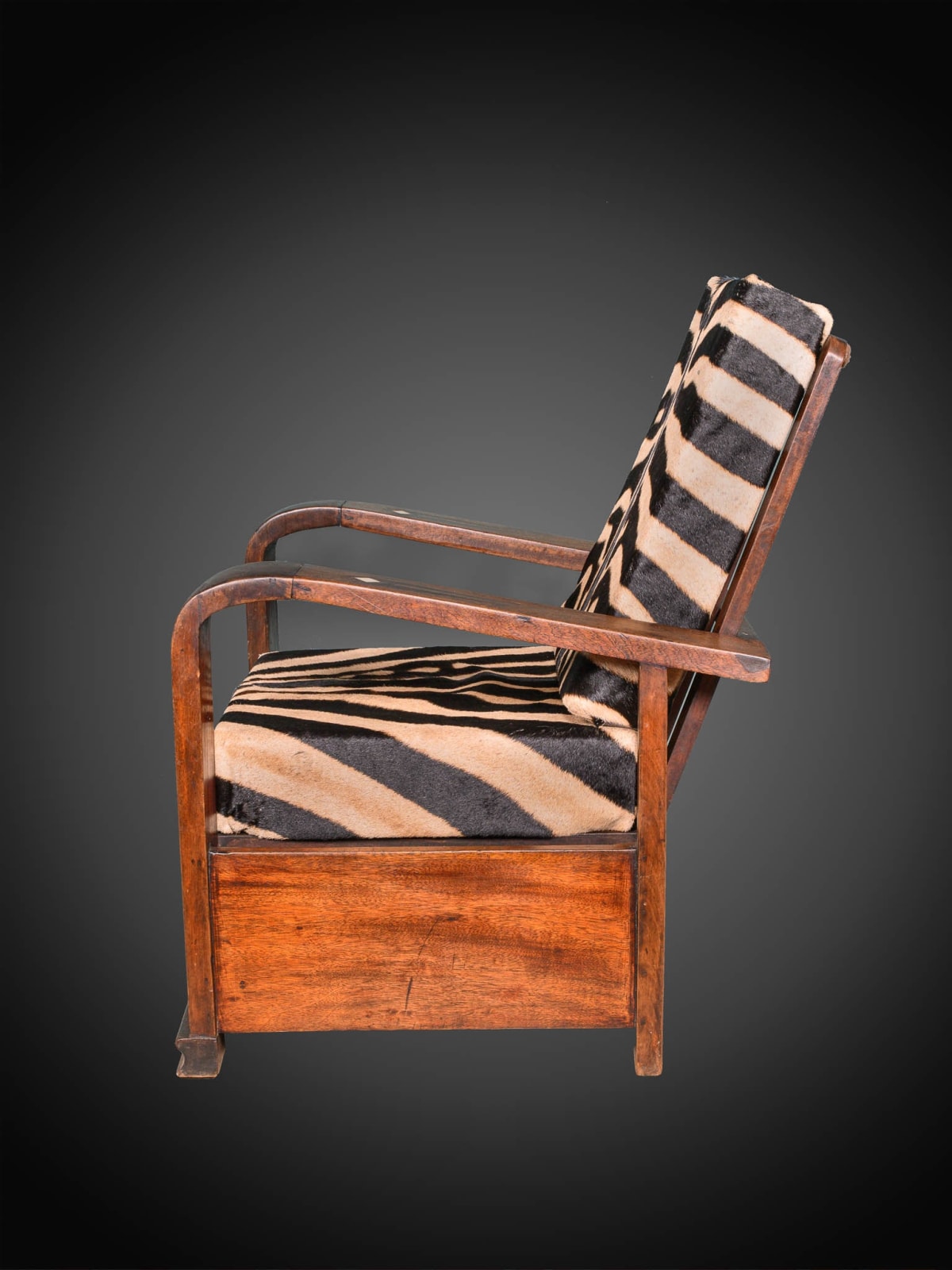 Pair of Midcentury Wooden Lounge Chairs with folding back and real zebra skin cushions, 20th Century