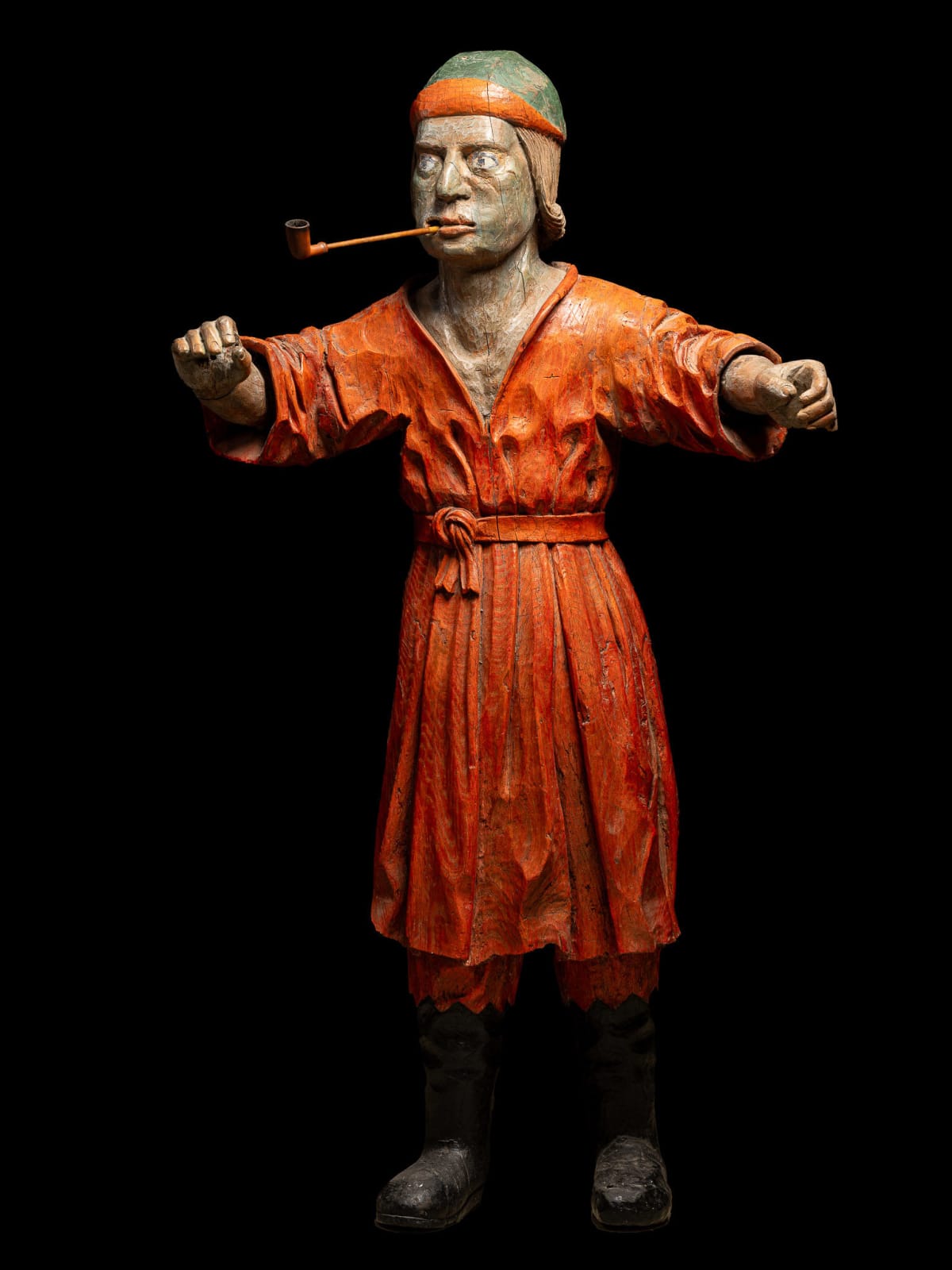 19th C Tobacco Shop Publicity Statue smoking a pipe -polychromed wood., 19th Century