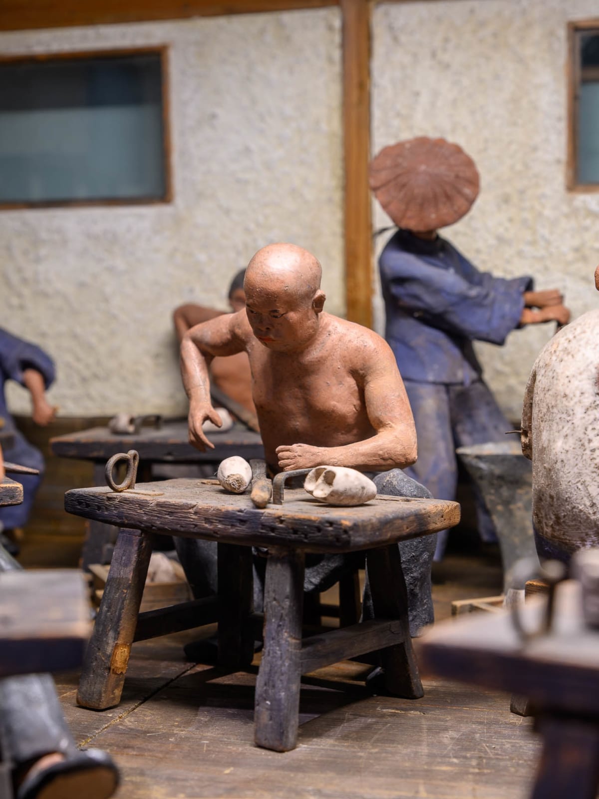 Chinese Ceramic Workshop-Scaled model with 17 polychromed figures., 19th Century