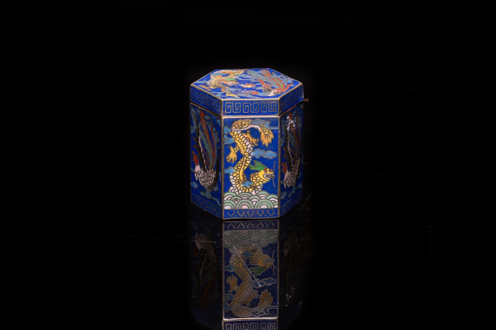 Antique Hexagonal Chinese Opium Boxes in Cloisonné Enamal , decorated with a Dragon and a Phoenix. The Rectangular Box is decorated with Vases and Flowers., 19th Century