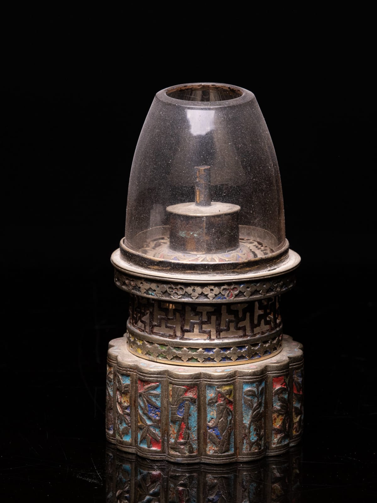 Antique Chinese Opium Lamp with Round Base that is Multi-lobed. The Lamp Glass Holder has an Openwork Decor with Svastikas and Clover Motifs., 19th Century
