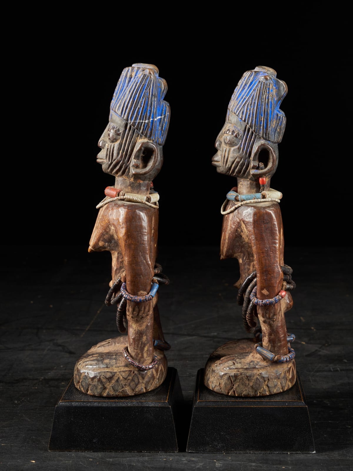 Pair of Ibeji Female Twin Figures covered - old beads and polychromed hairdress,Yoruba People, Nigeria, first half 20th C