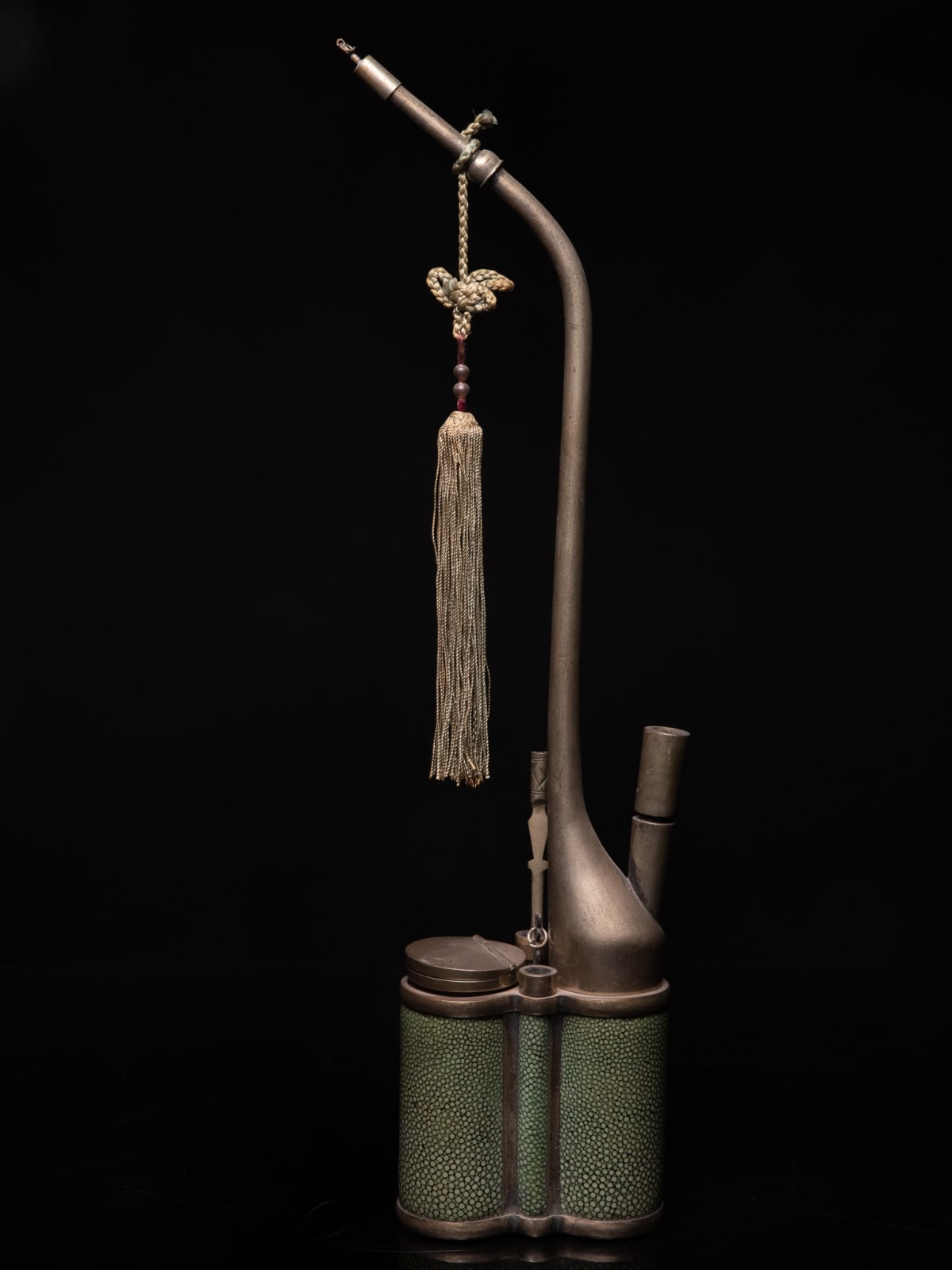 Chinese Metal Water Pipe, covered with Green Dyed Ray Skin and signed under the lid, 19th Century