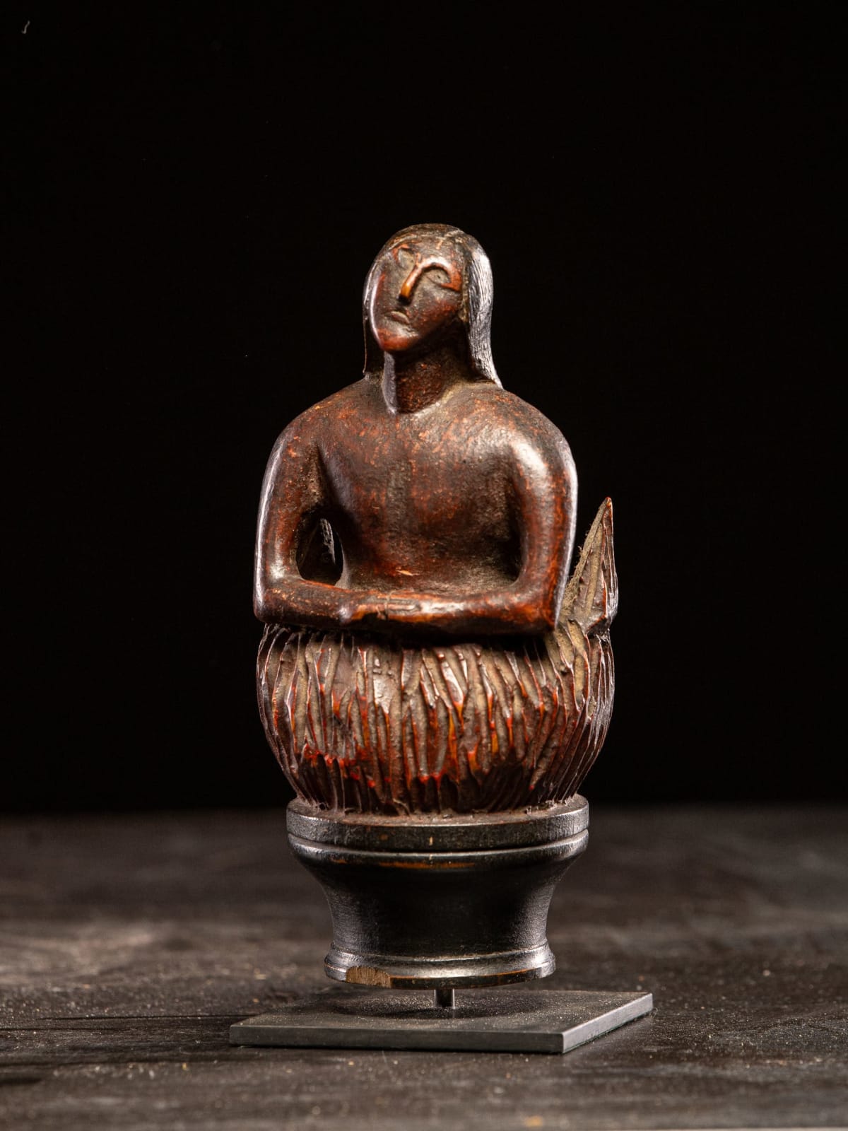 Wooden folk-art figure, depicting a stylized feminine soul burning in Purgatory., 19th C