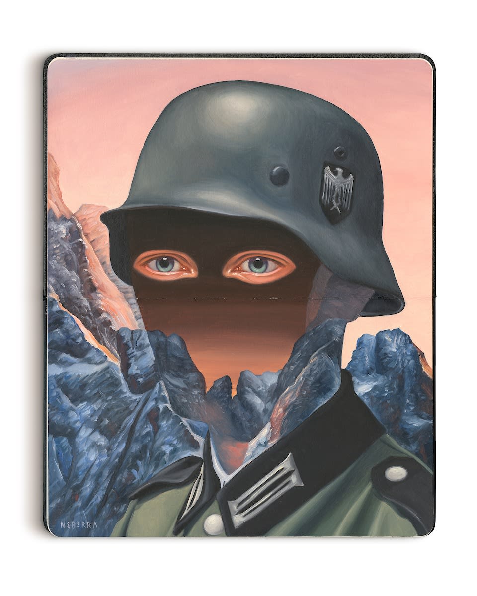 Painting of a soldier with a clear face and just his eyes peaking out from the helmet he is wearing. Rocky mountains and a pink sky in the background
