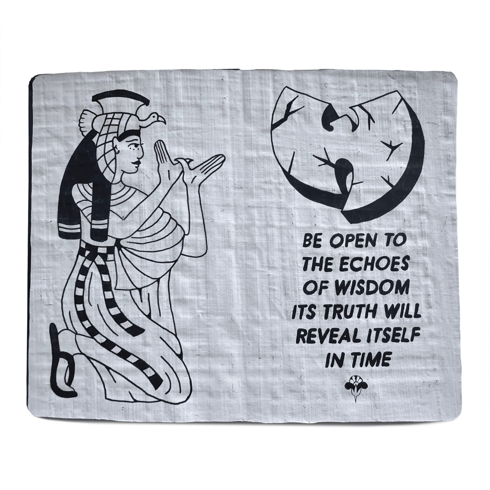 Drawing of an Egyptian woman bowing down with her hands creating a W along with Wutang's logo and the words