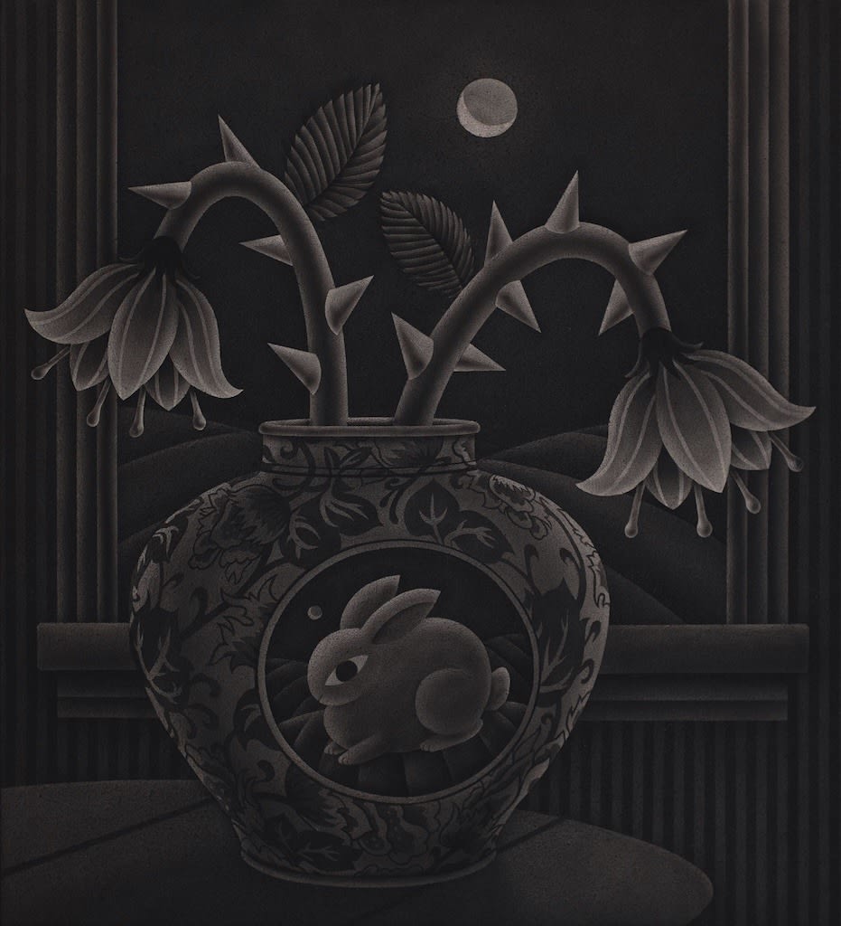 black and white painting of a vase decorated with a rabbit and holding thorny flowers