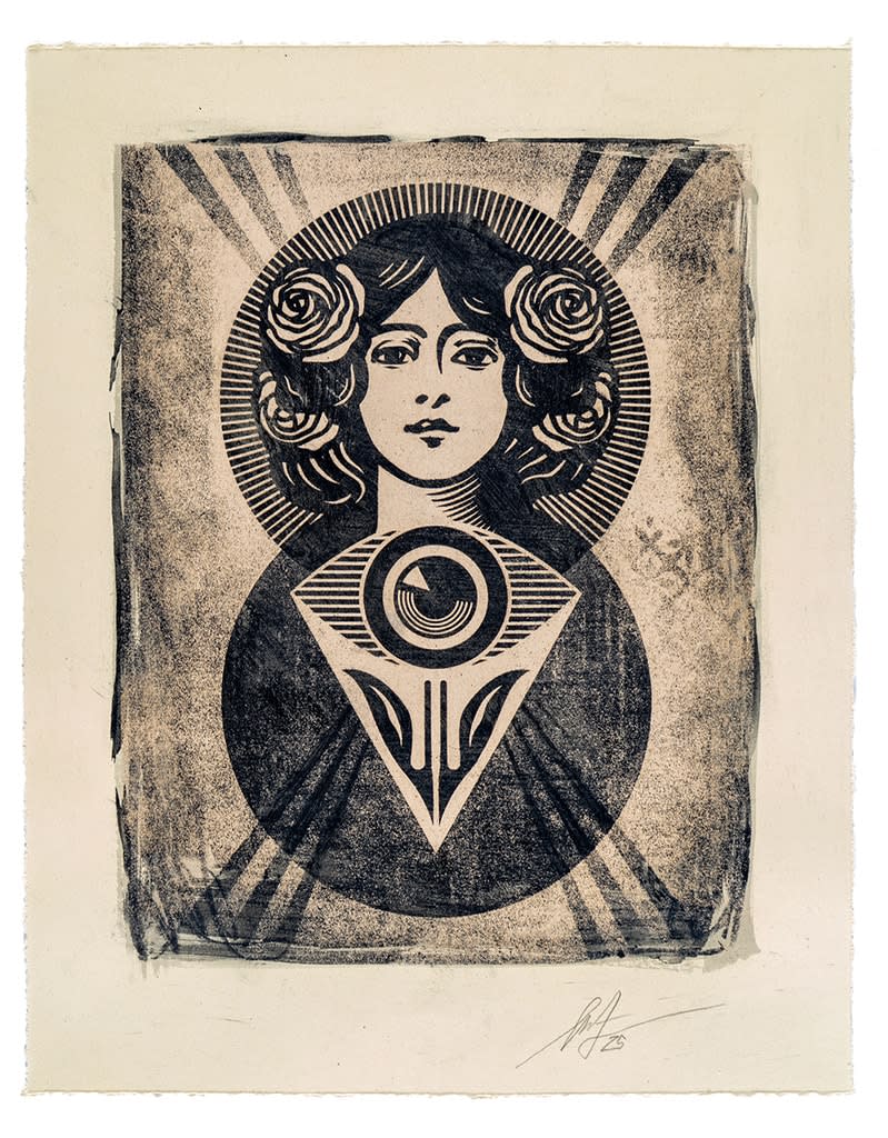 grey scale drawing of a woman with a striped circle halo and a circle with a pyramid and eye in it below her