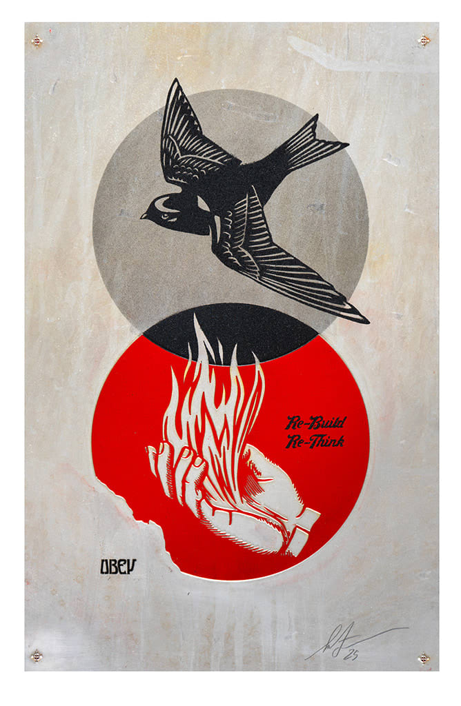 black dove ina. black sheer circle above and image of a hand holding flames in a red circle with text