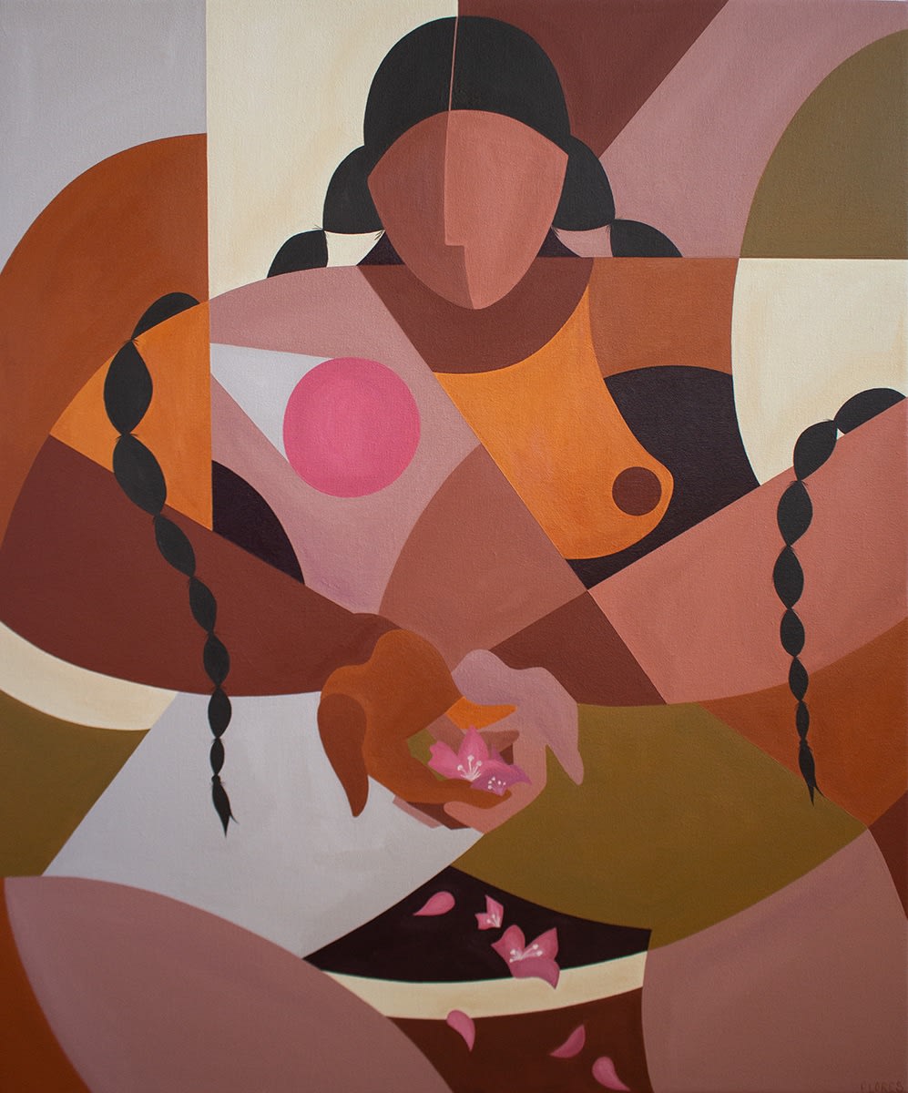 faceless woman made out of blocked shapes holding flower petals