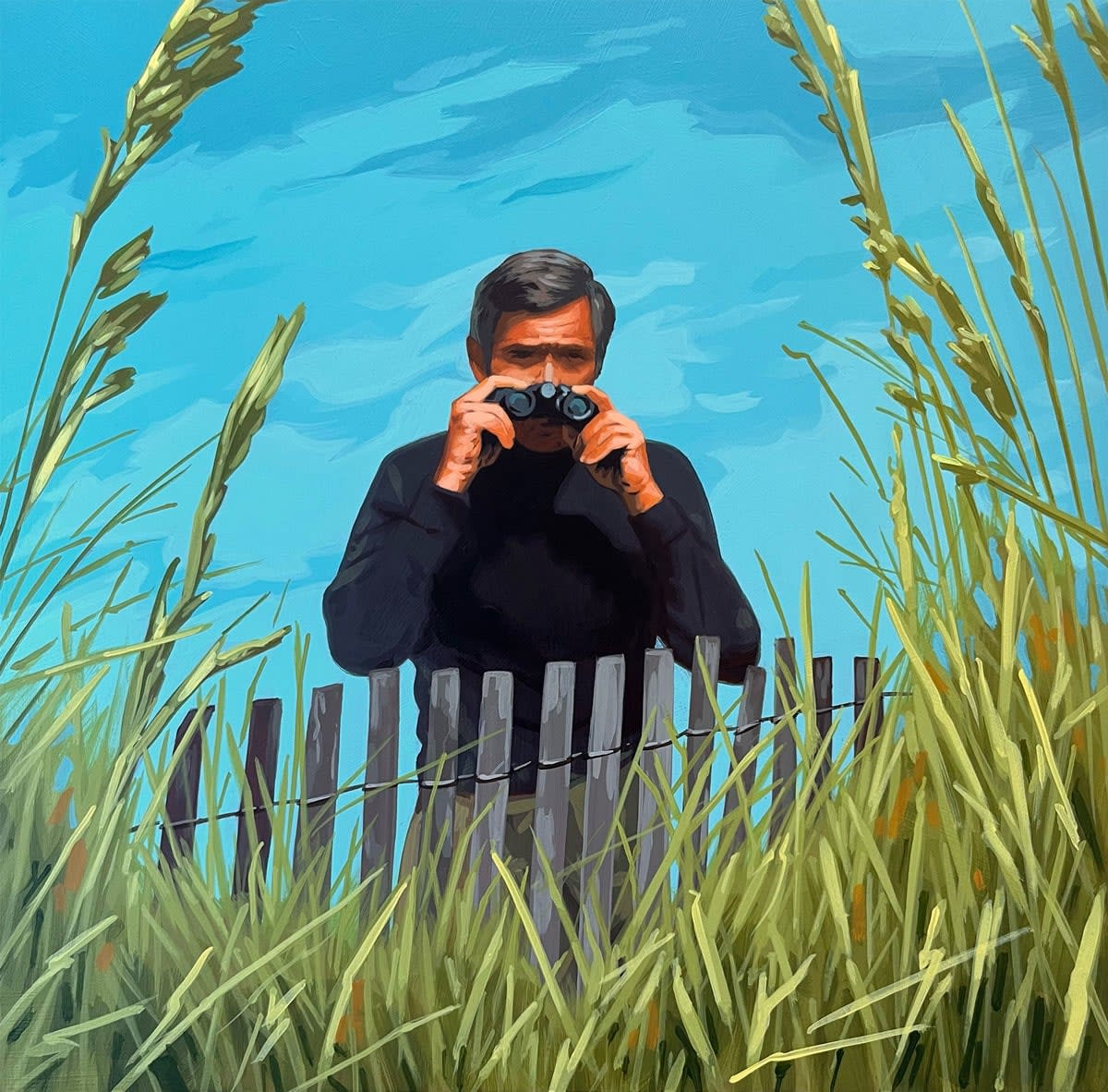 painting of a man looking out binoculars behind a fence