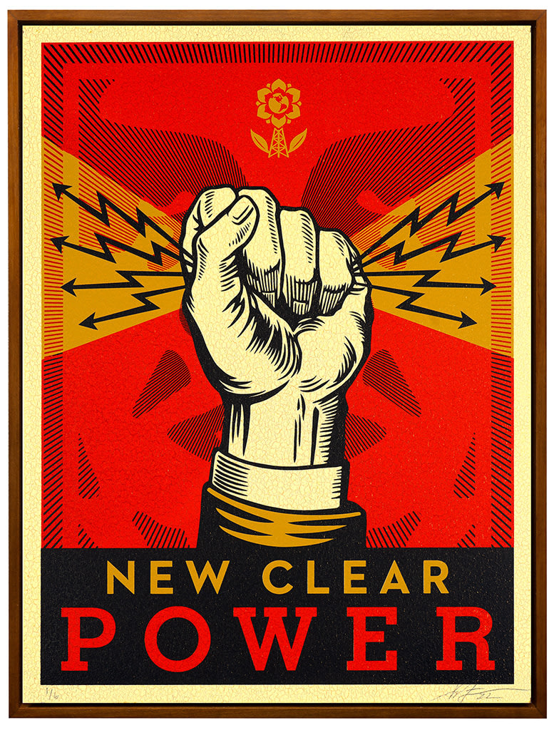 fist with a red background with a faint face and text