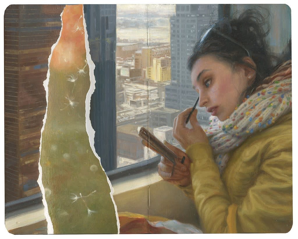 Painting of a woman with a white scarf, yellow jacket and glasses on top of her head putting on eyeliner while holding a hand held mirror. The woman is overlooking a cityscape through a tall window.