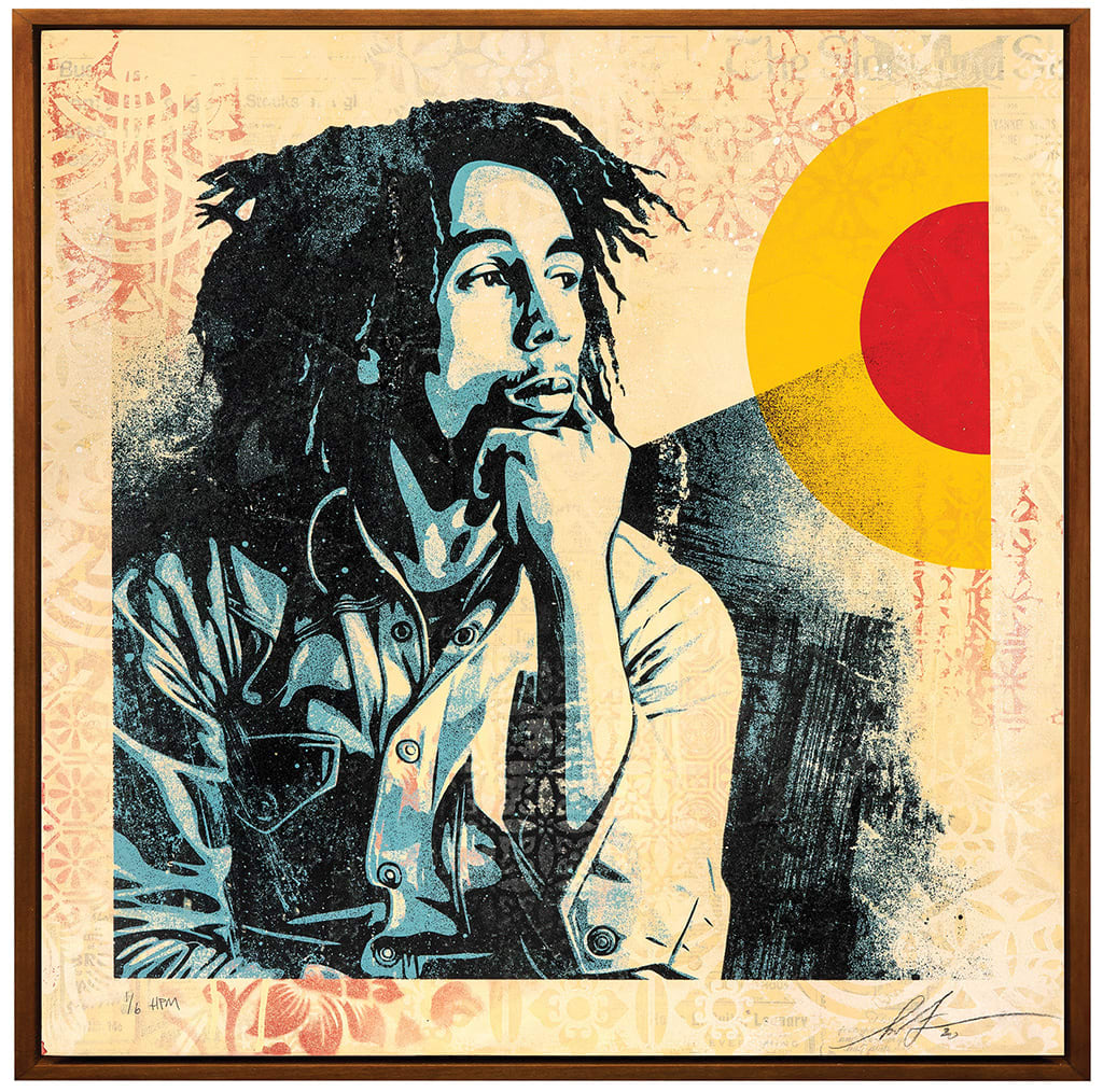 black and white portrait of Bob Marley on a textured beige background