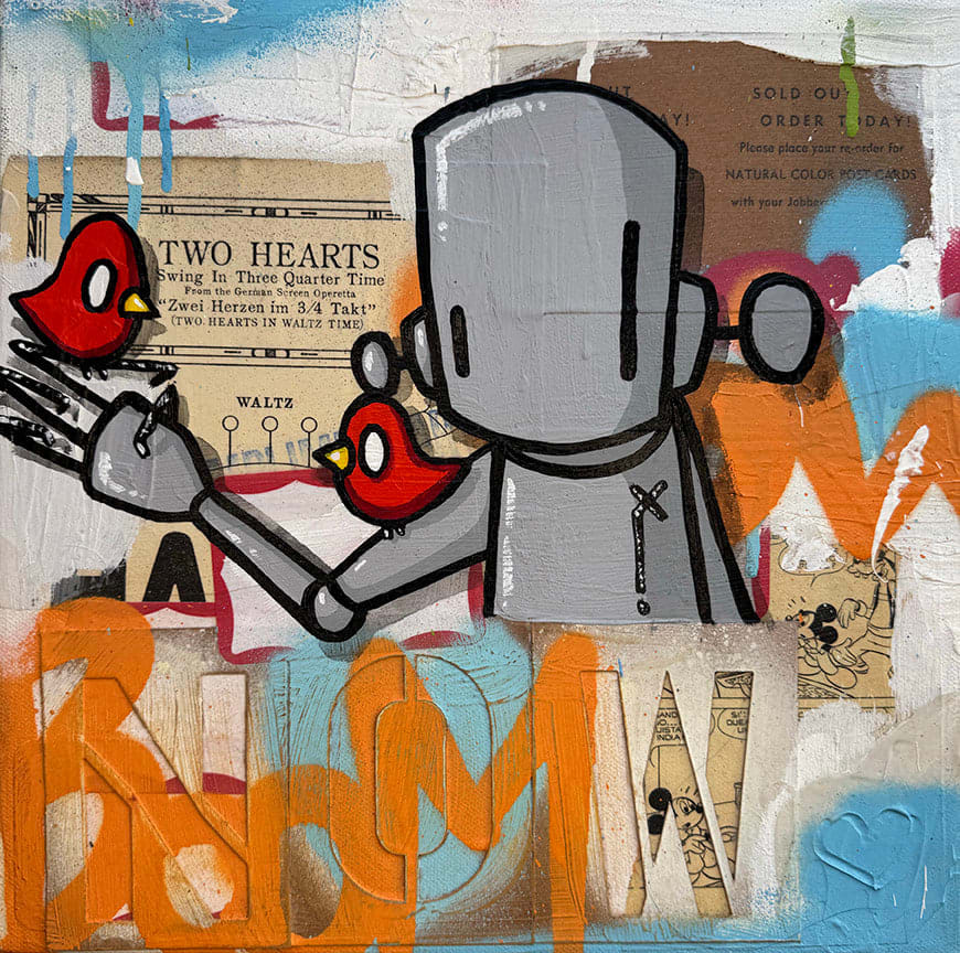 grey robot with two red birds on his arms