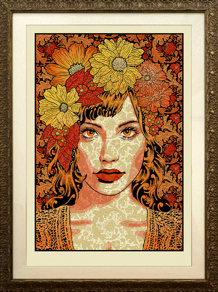 Red, Orange, and yellow portrait of a woman with flowers on her head