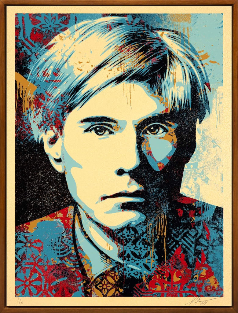 Silkscreen print portrait of Andy Warhol in blue, yellow, and red