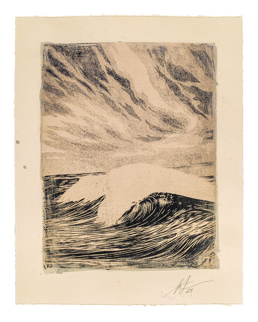scene of a wave with the sky on beige paper