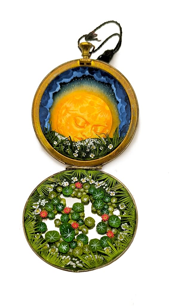 hand-cut watercolor collage in antique cosmetic compact by Shannon Taylor