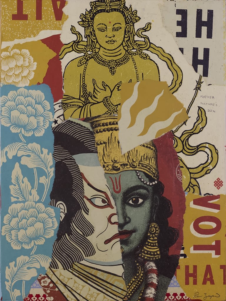 collage of torn up screen prints of religious and historical symbols
