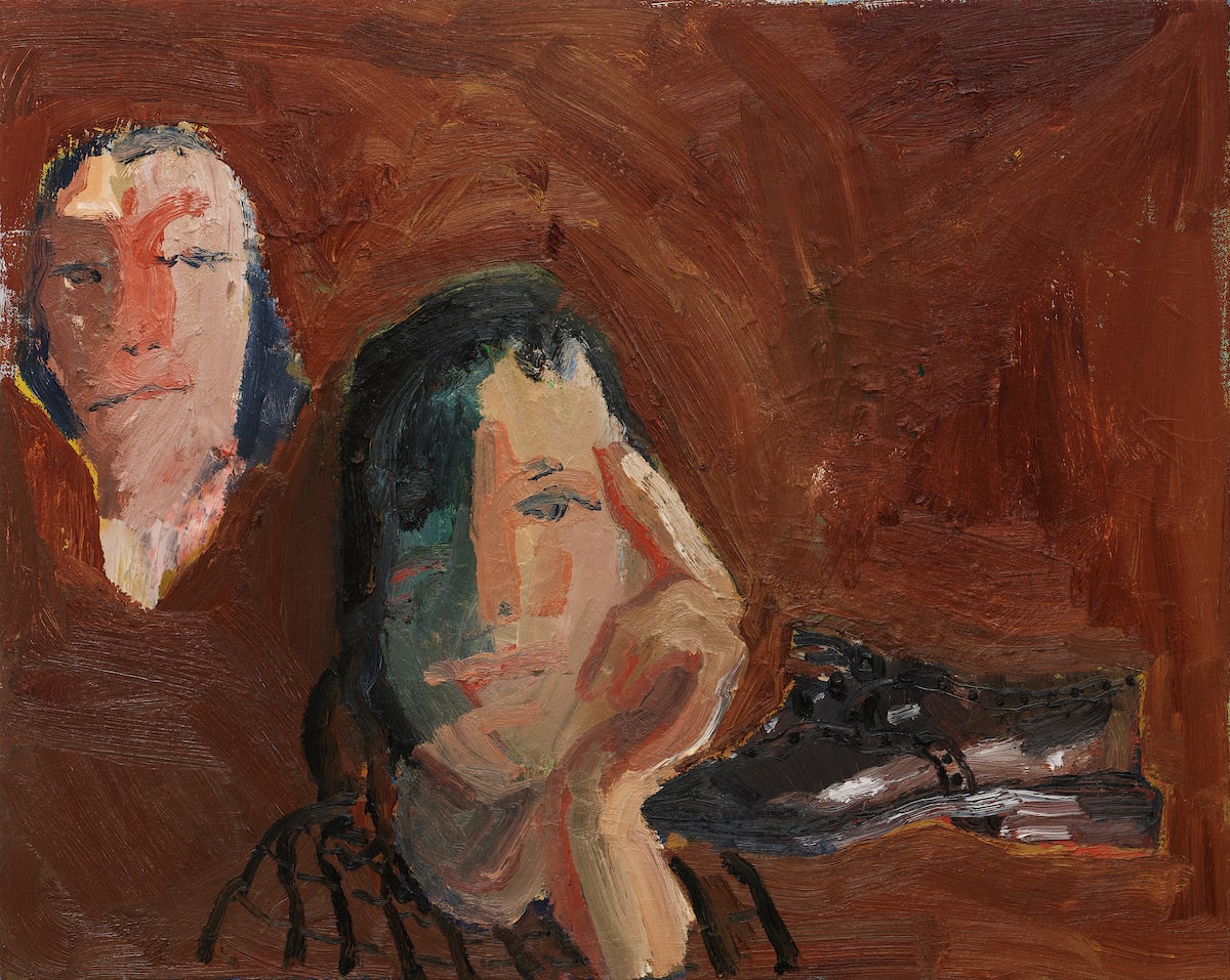 Painting of a person's face, another persons profile with their hand to their face and a brown leather loafer shoe on a brown background.