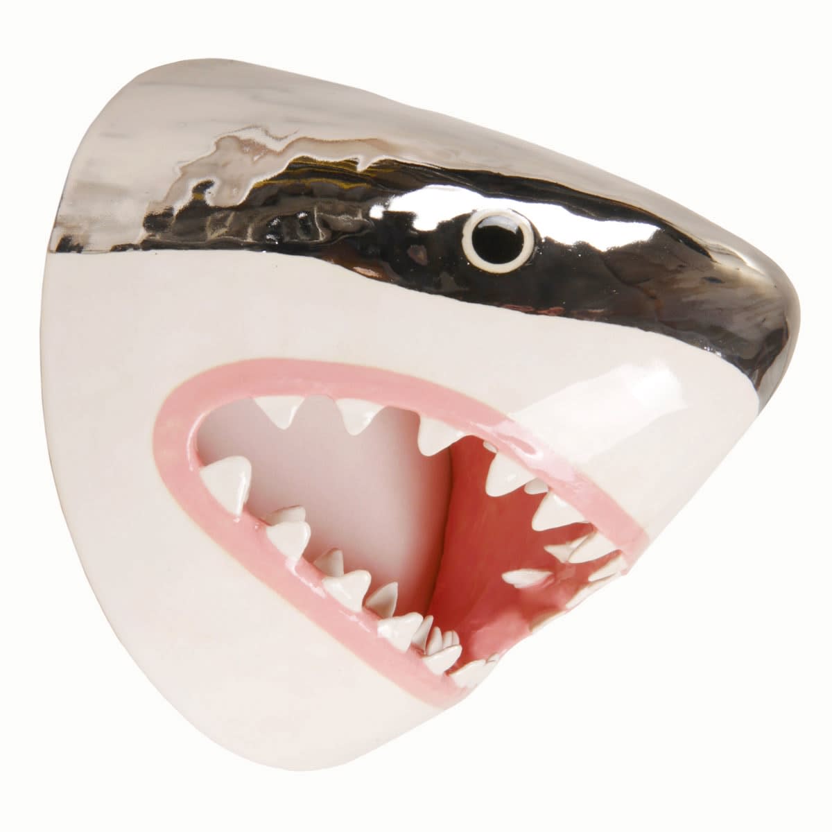 sculpture of a shark head with its teeth showing