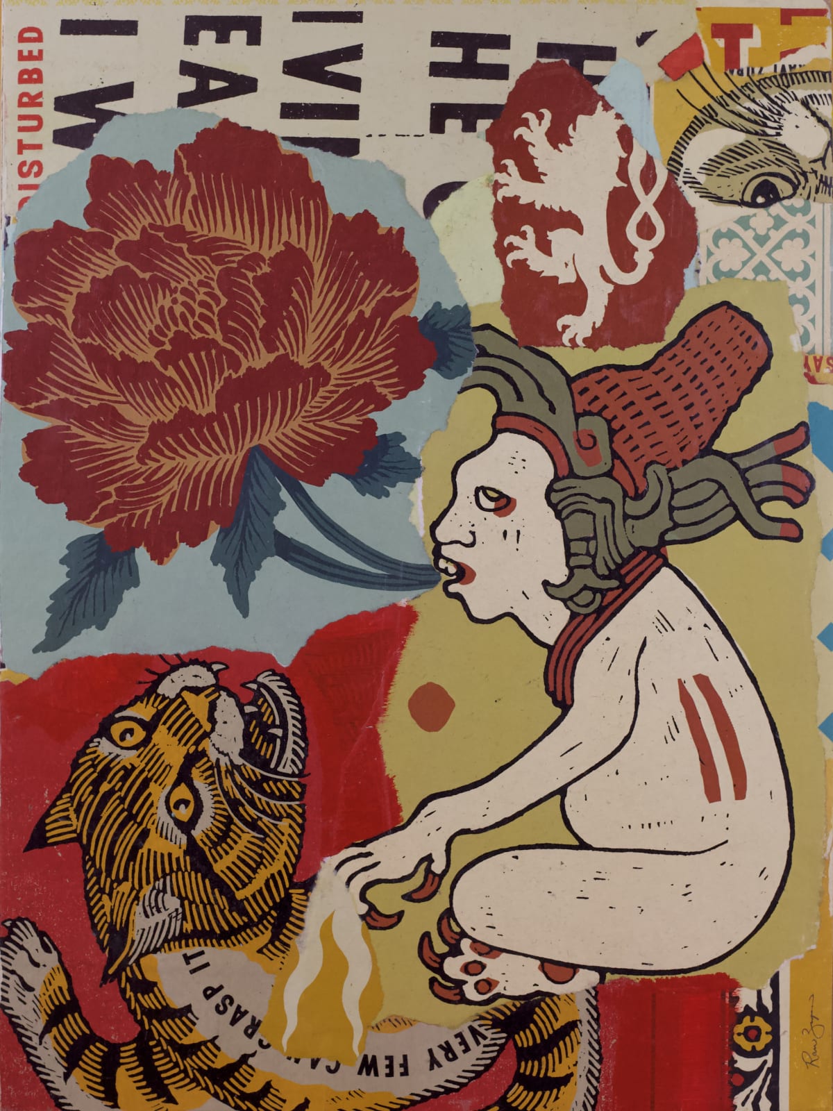 collage of torn up screen prints of religious and historical symbols