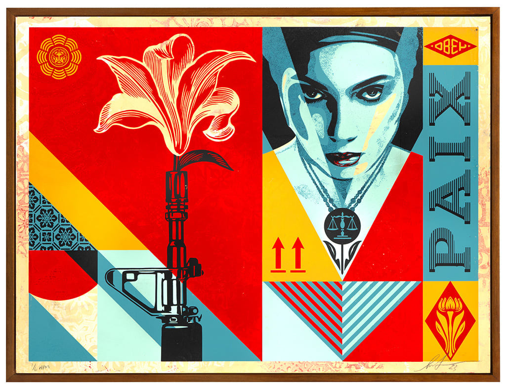 image of a woman collaged with red, blue and yellow shapes, images, text, and patterns and a gun with a flower coming out of it on the left
