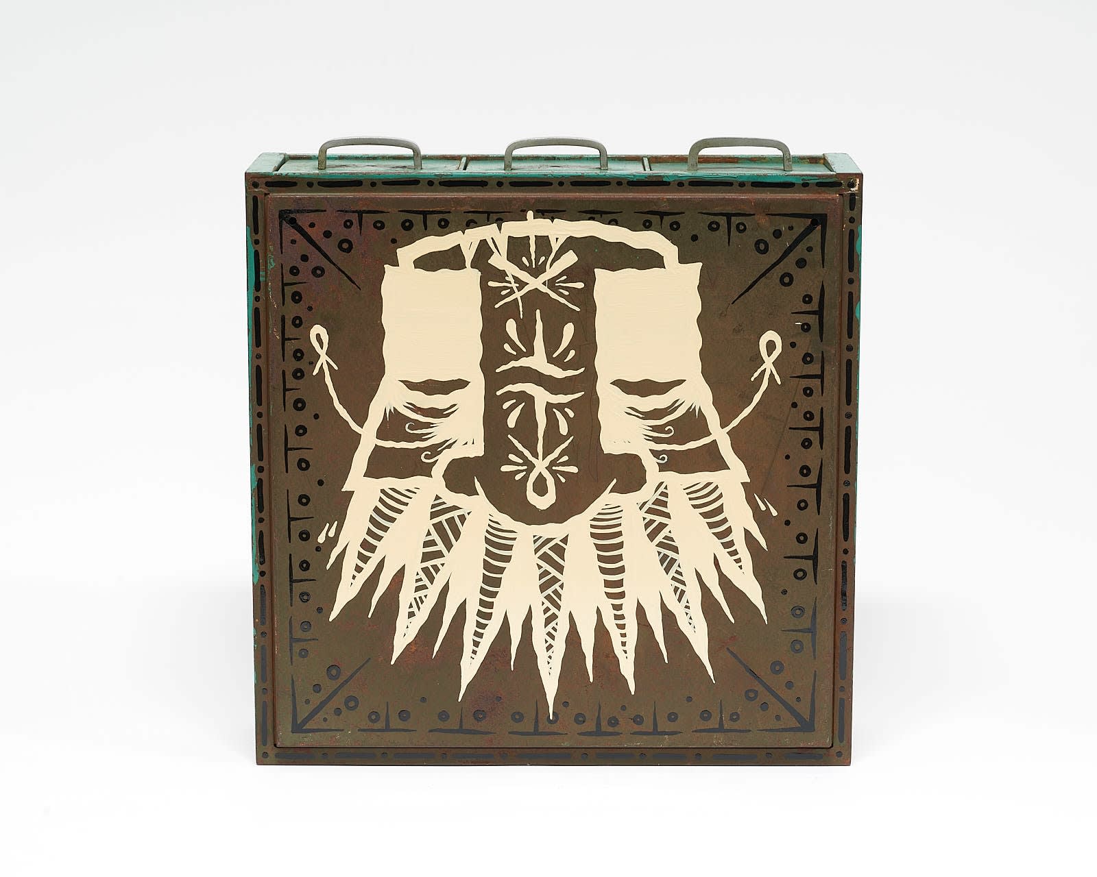 vintage filing cabinet adorned with designs of a geometric figured