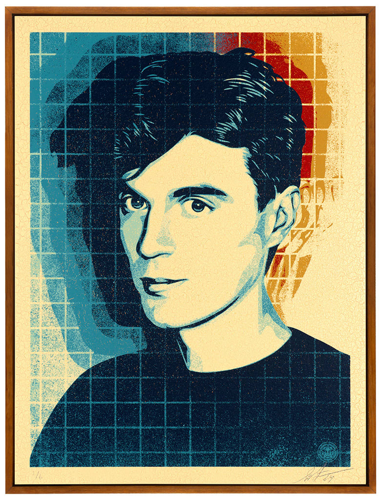 Portrait of David Byrne overlaid with a grid pattern and a blue and red shadow