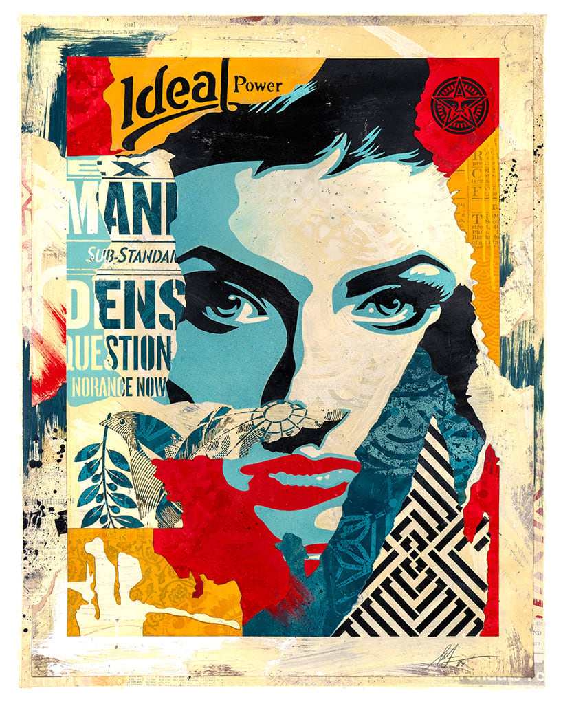 woman's face collaged with various patterns and images with text in a red, blue, and yellow palette