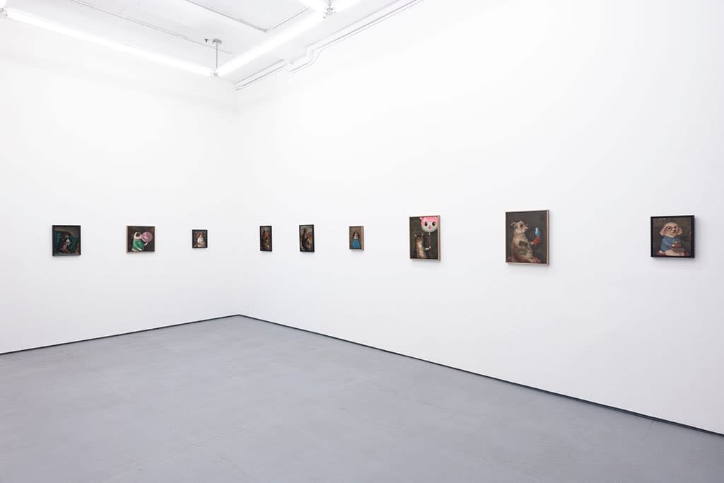 Install photo of Alison Friend's paintings hanging on a white wall