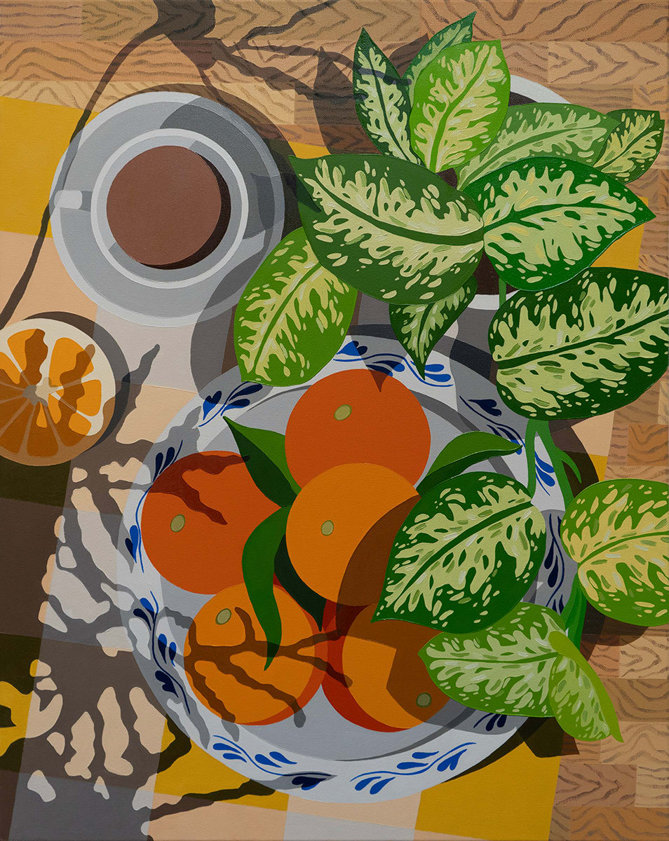 Natalia Juncadella painting of oranges, coffee cup and plant from a top view